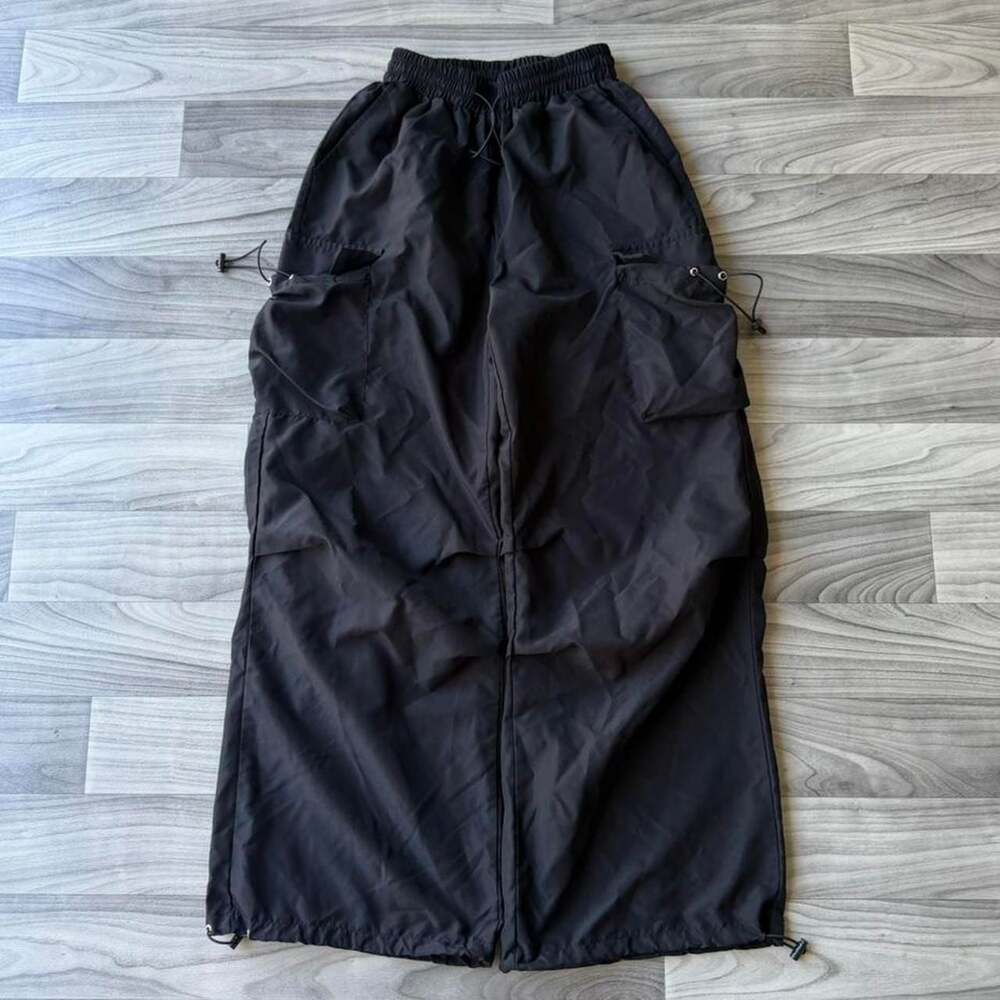 Vintage Y2K Baggy Nylon Black Cargo Adjustable Waist Pants